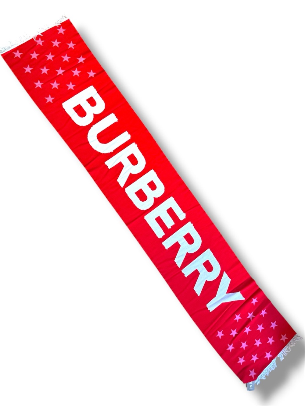 Burberry Red Scarf with White Logo and Star Accents. Brand New.